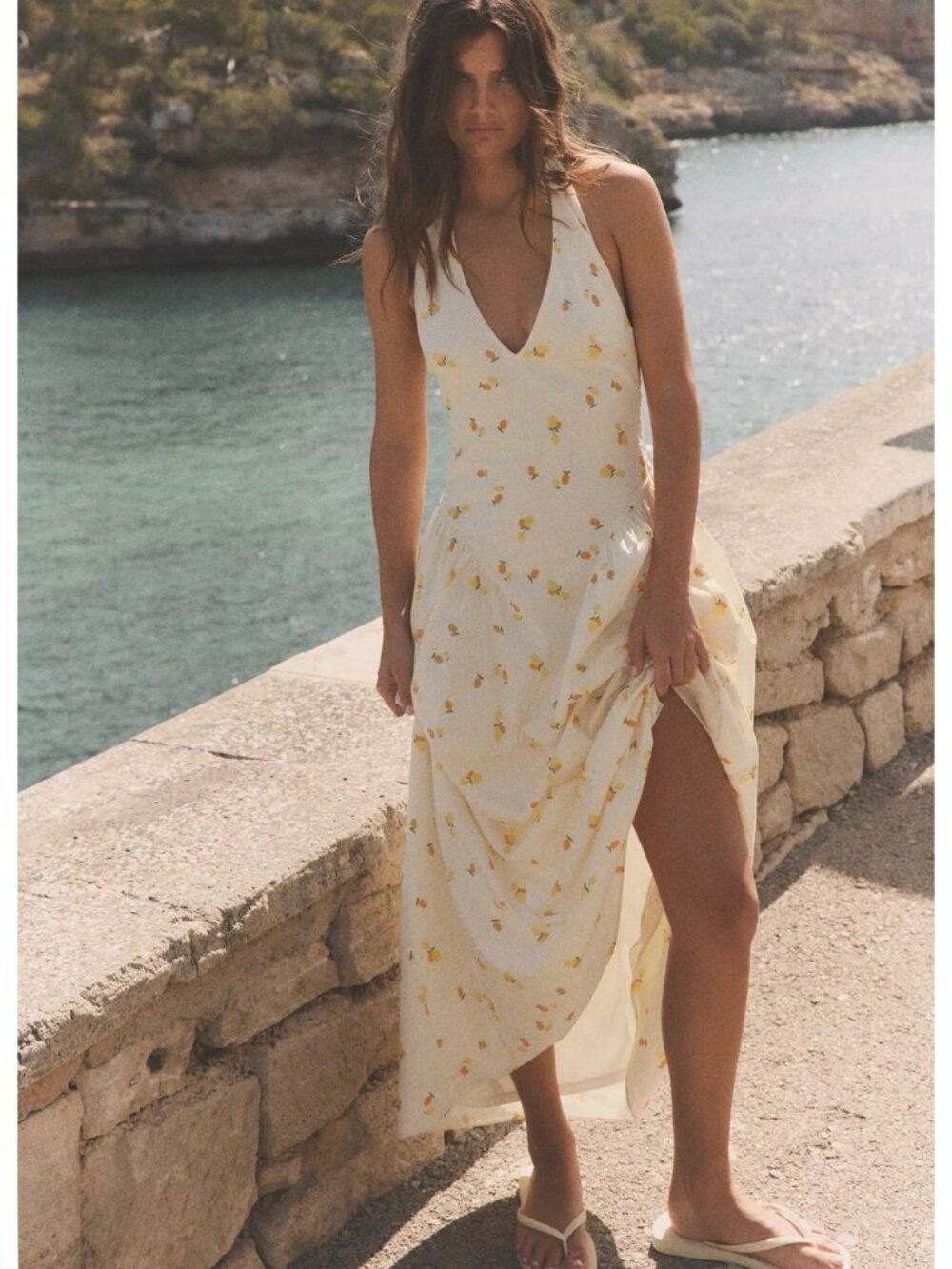 ZARA FRUIT PRINT POPLIN HALTER MIDI DRESS
